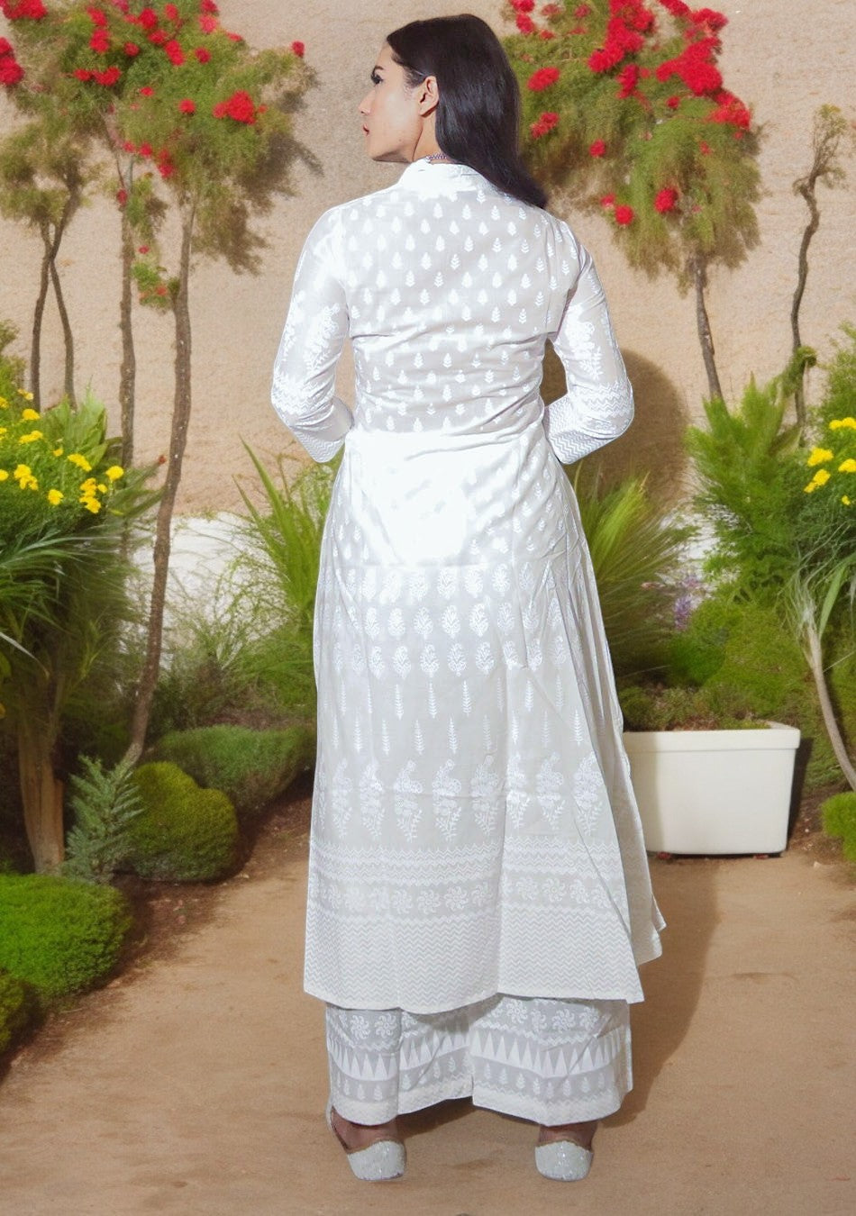 White Printed Cotton Kurti With Palazzo Set