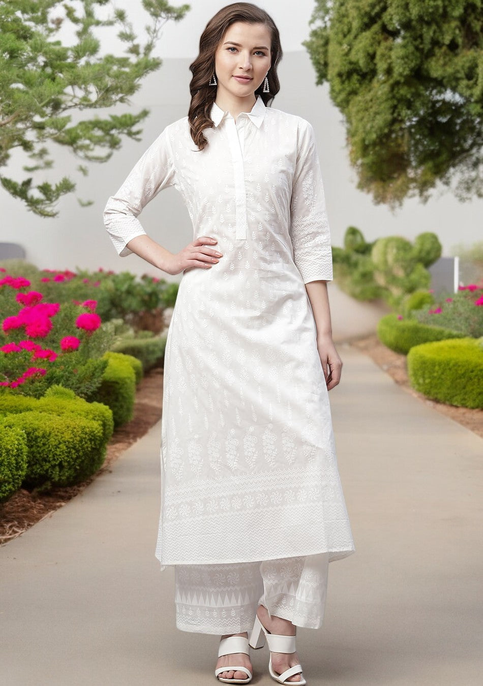 White Printed Cotton Kurti With Palazzo Set