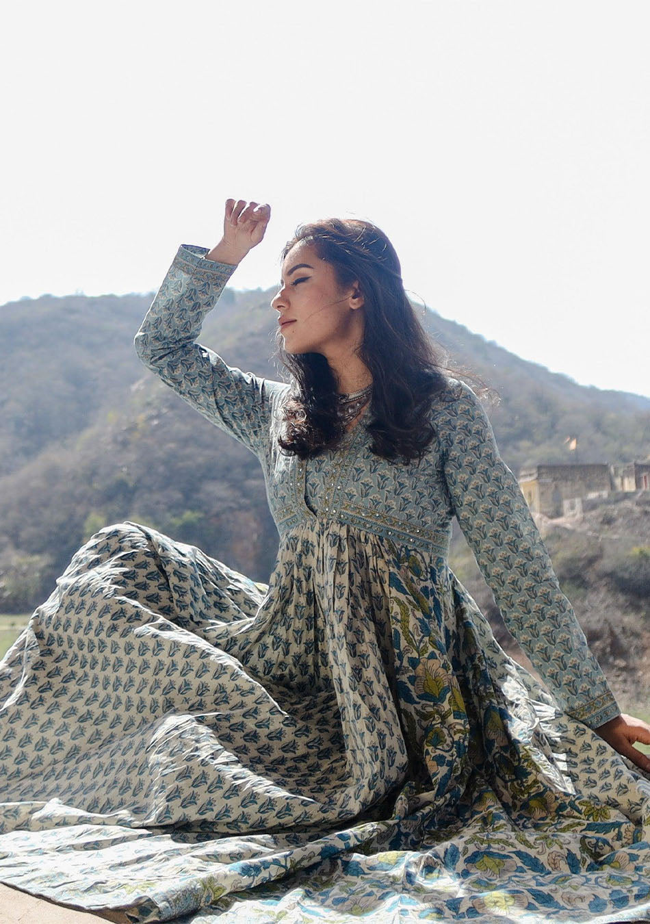 Grey Blue Block Print Mulmul Kurta