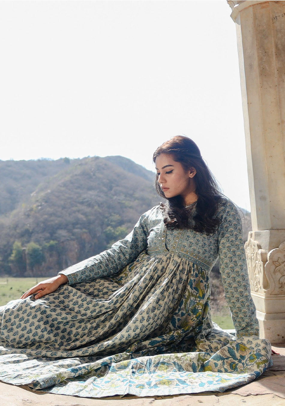 Grey Blue Block Print Mulmul Kurta