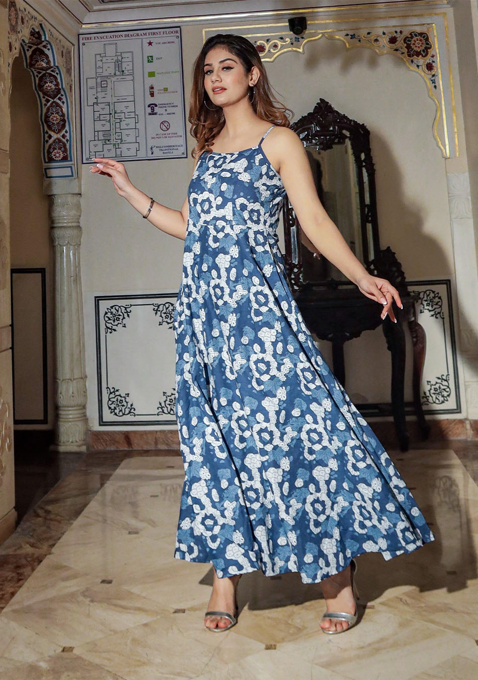 Indigo Print Cotton Long Dress