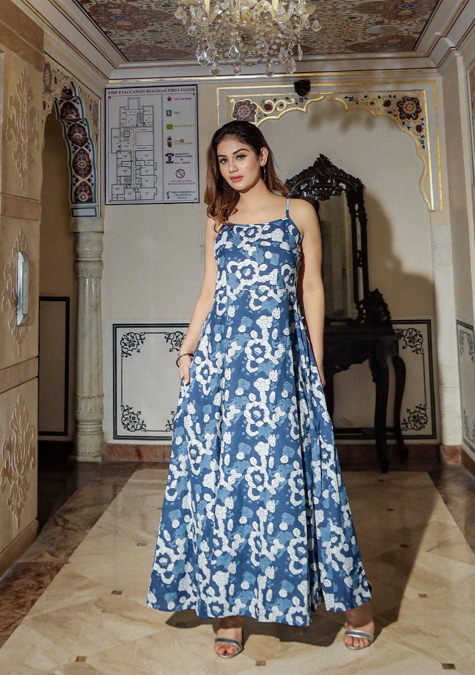 Indigo Print Cotton Long Dress