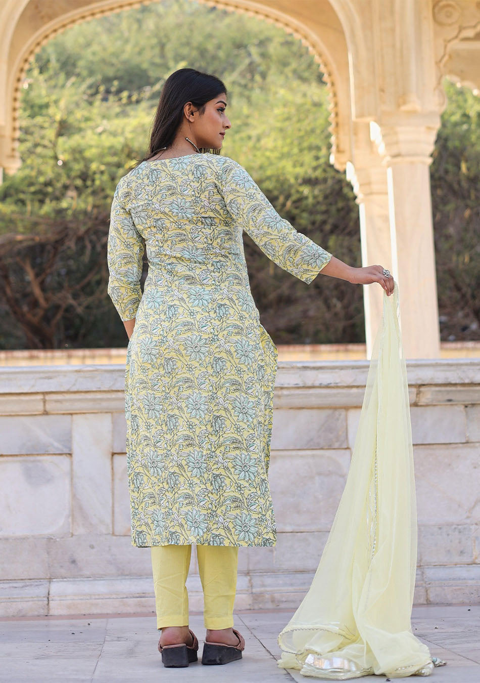 Yellow Cotton Straight Kurta Pant Set with Dupatta
