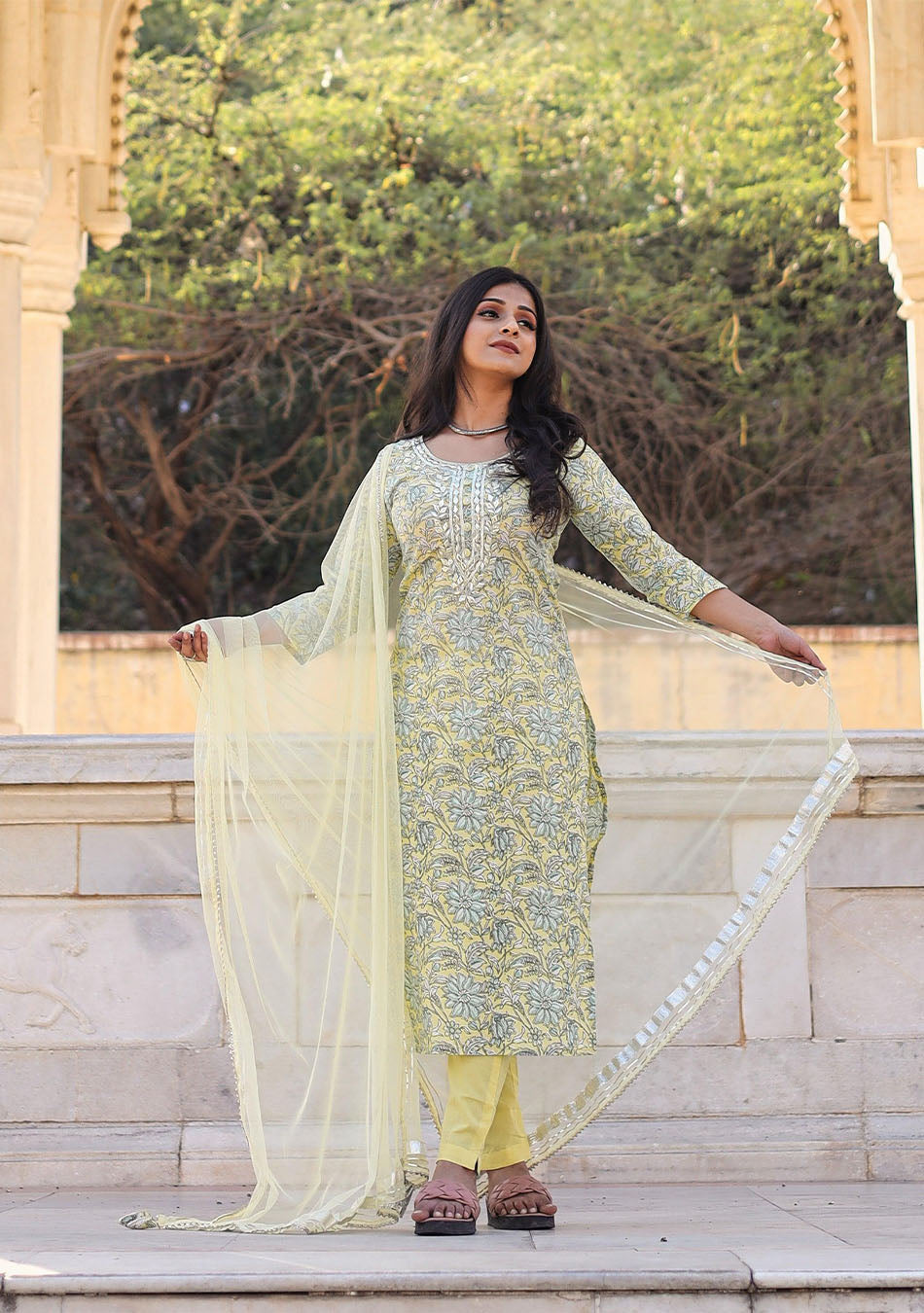Yellow Cotton Straight Kurta Pant Set with Dupatta