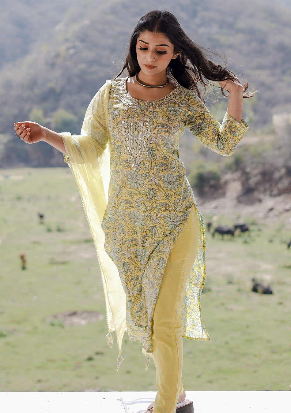 Yellow Cotton Straight Kurta Pant Set with Dupatta Buy Women