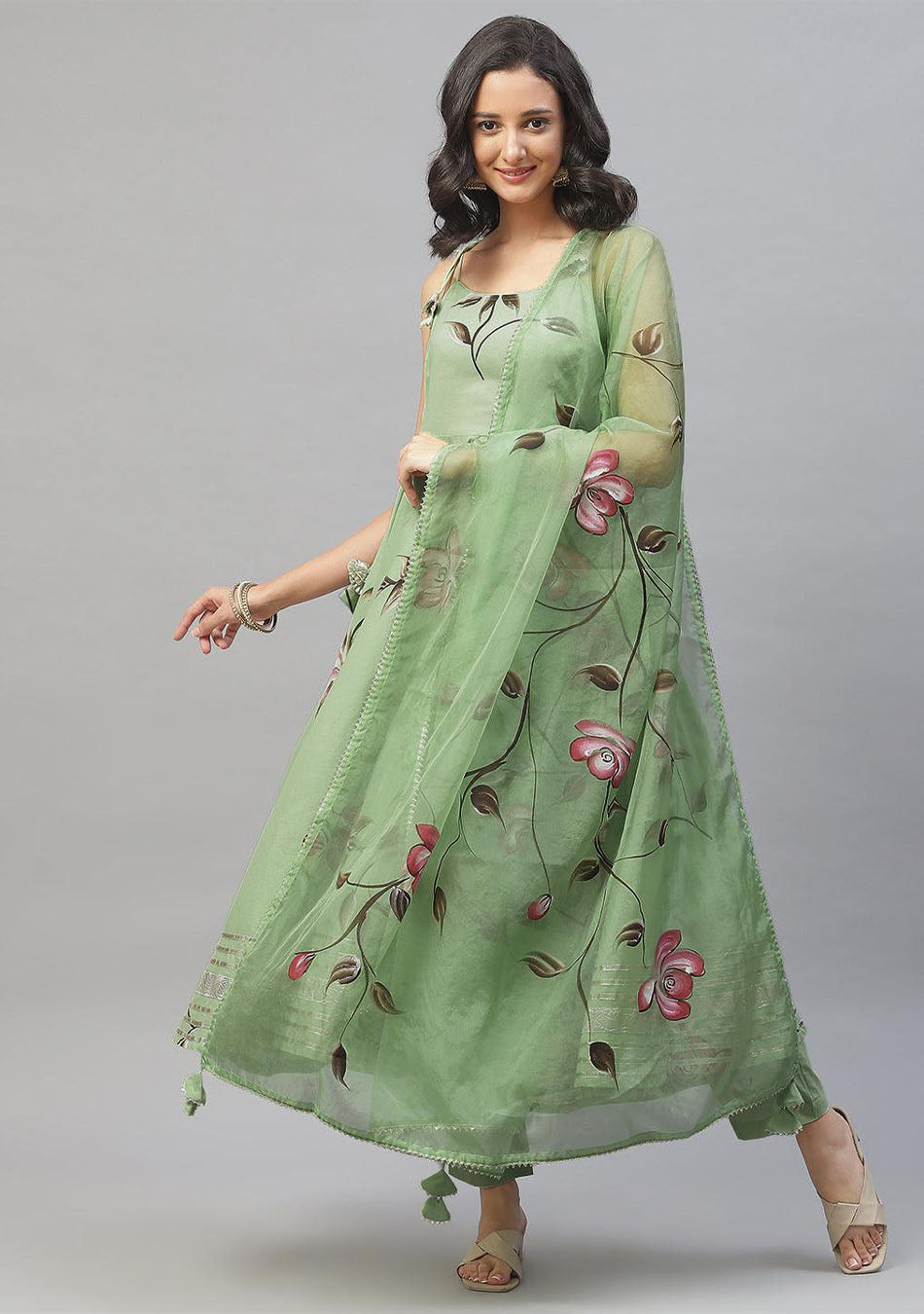Light Green Hand-Painted Floral Anarkali Kurta Pant Set with Dupatta