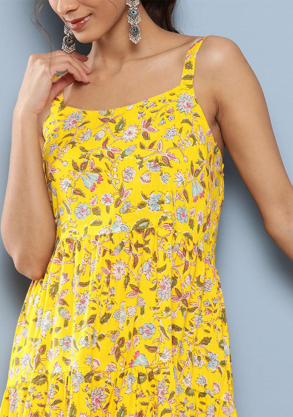 Yellow Floral Shoulder Strap Long Dress