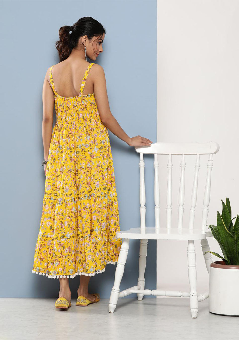 Yellow Floral Shoulder Strap Long Dress