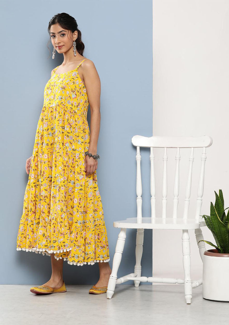 Yellow Floral Shoulder Strap Long Dress