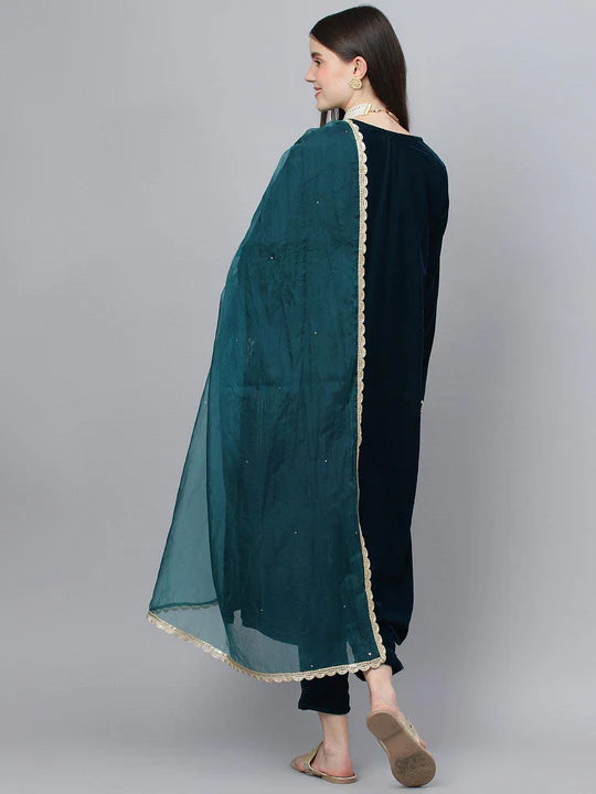 Teal Green Velvet Hand-Work Kurta and Pant Set with Organza Dupatta