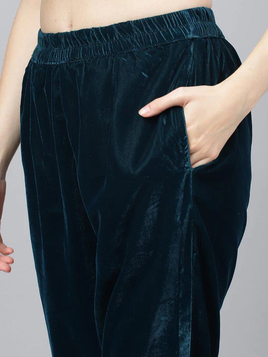 Teal Green Velvet Hand-Work Kurta and Pant Set with Organza Dupatta