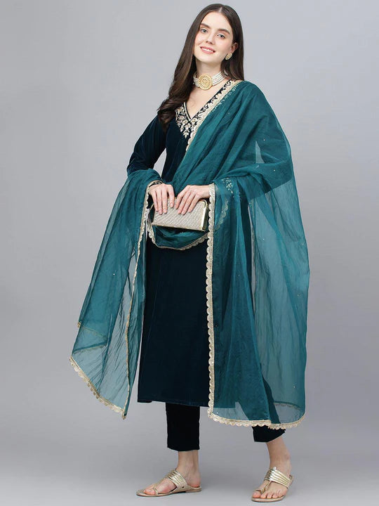 Teal Green Velvet Hand-Work Kurta and Pant Set with Organza Dupatta