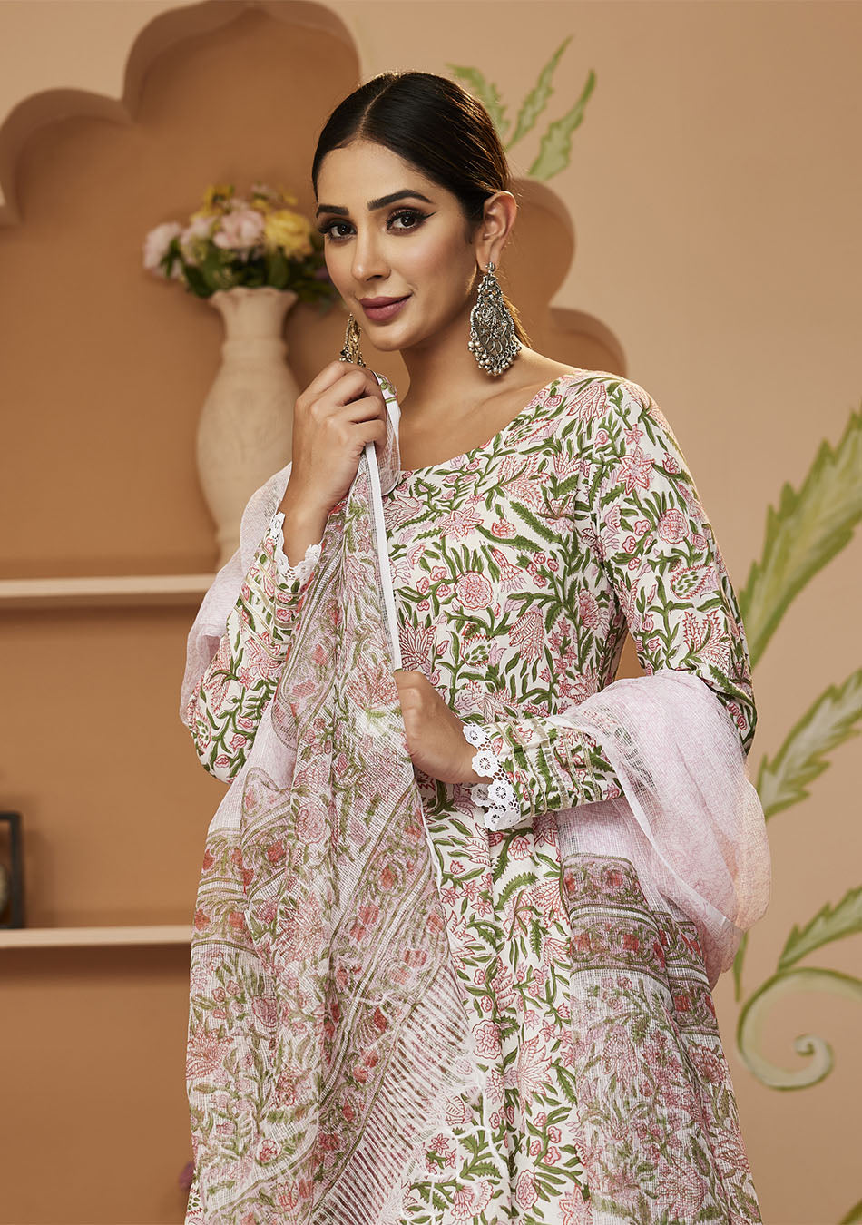 Handblock Printed Green Anarkali Cotton Kurta With Trousers & Dupatta