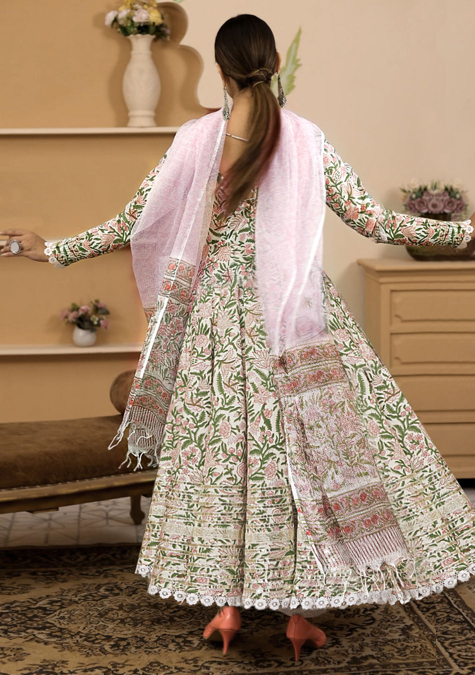Handblock Printed Green Anarkali Cotton Kurta With Trousers & Dupatta