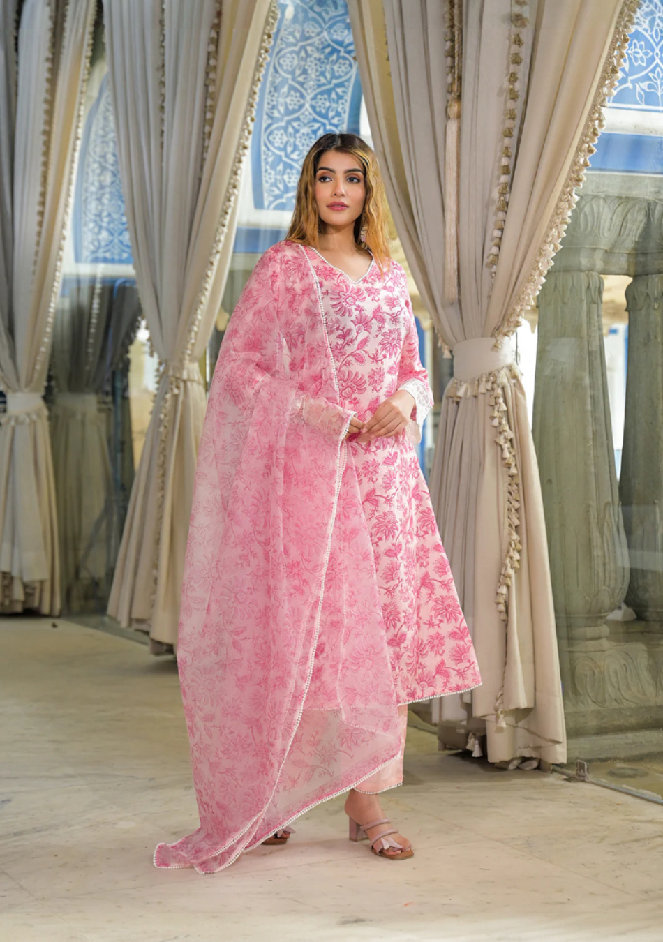 Pink Hand Block Tussar Silk Kurta Pant With Dupatta
