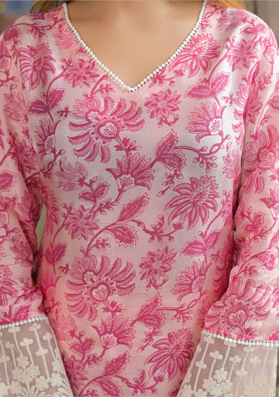 Pink Hand Block Tussar Silk Kurta Pant With Dupatta