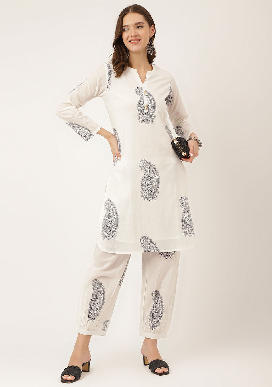 White Paisley Print Cotton Co-ord Set