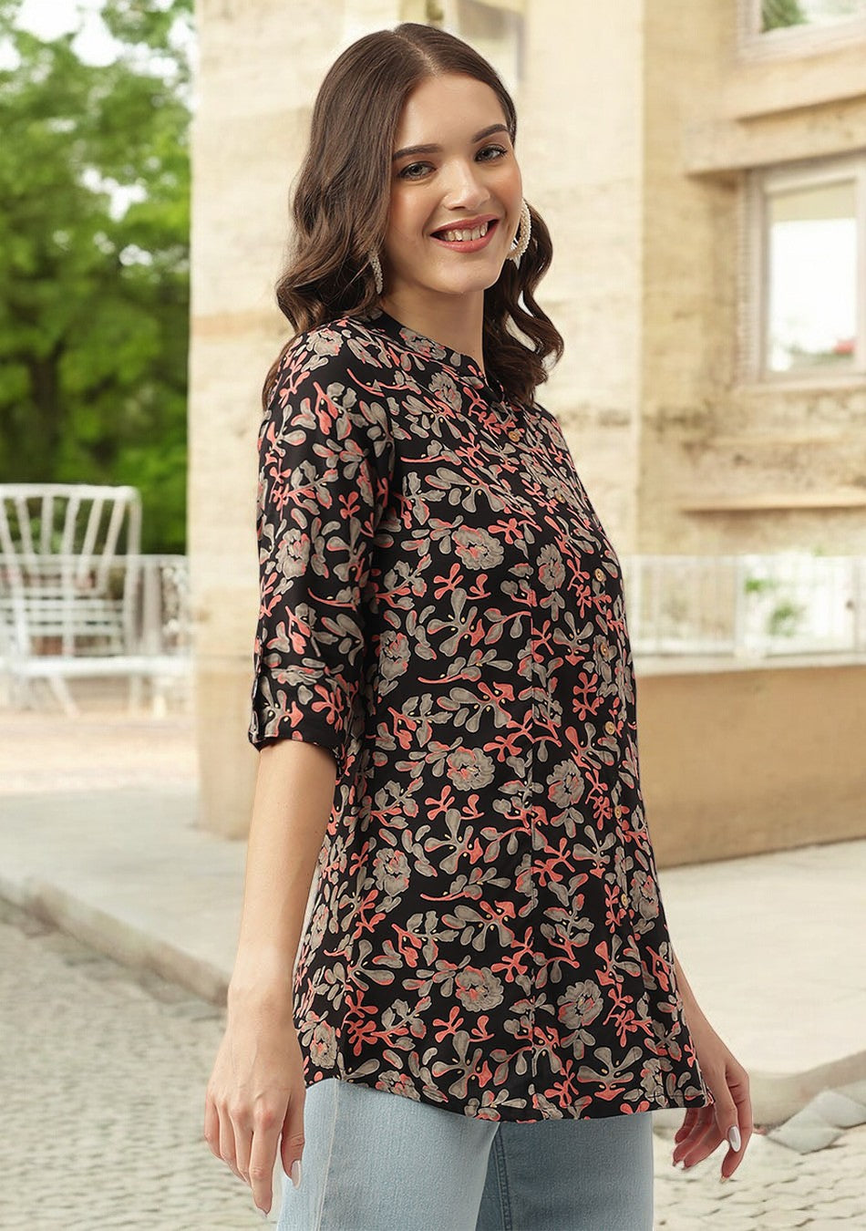 Black Floral Printed Rayon Shirt Style Top