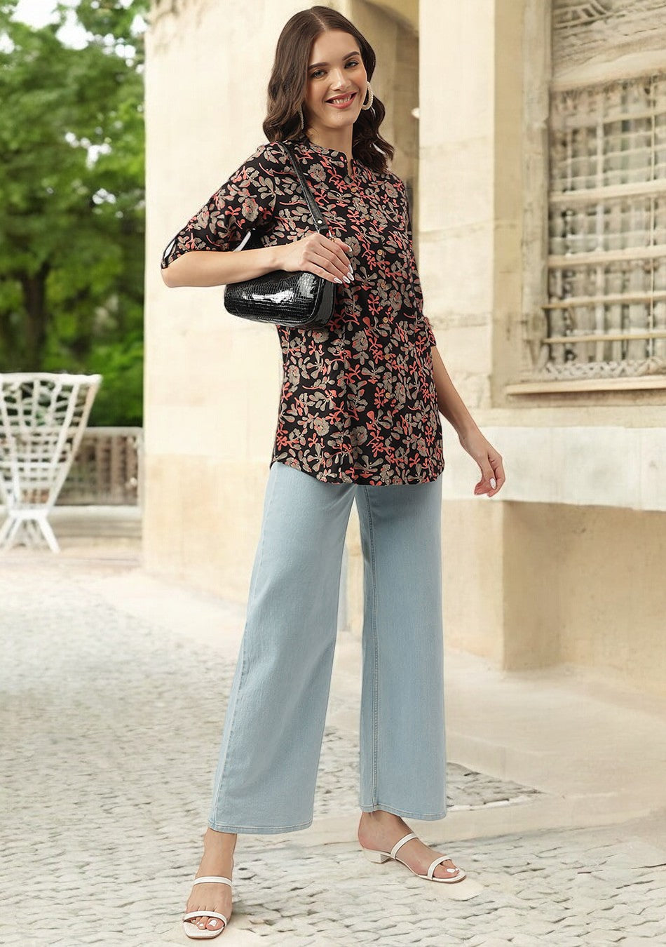 Black Floral Printed Rayon Shirt Style Top