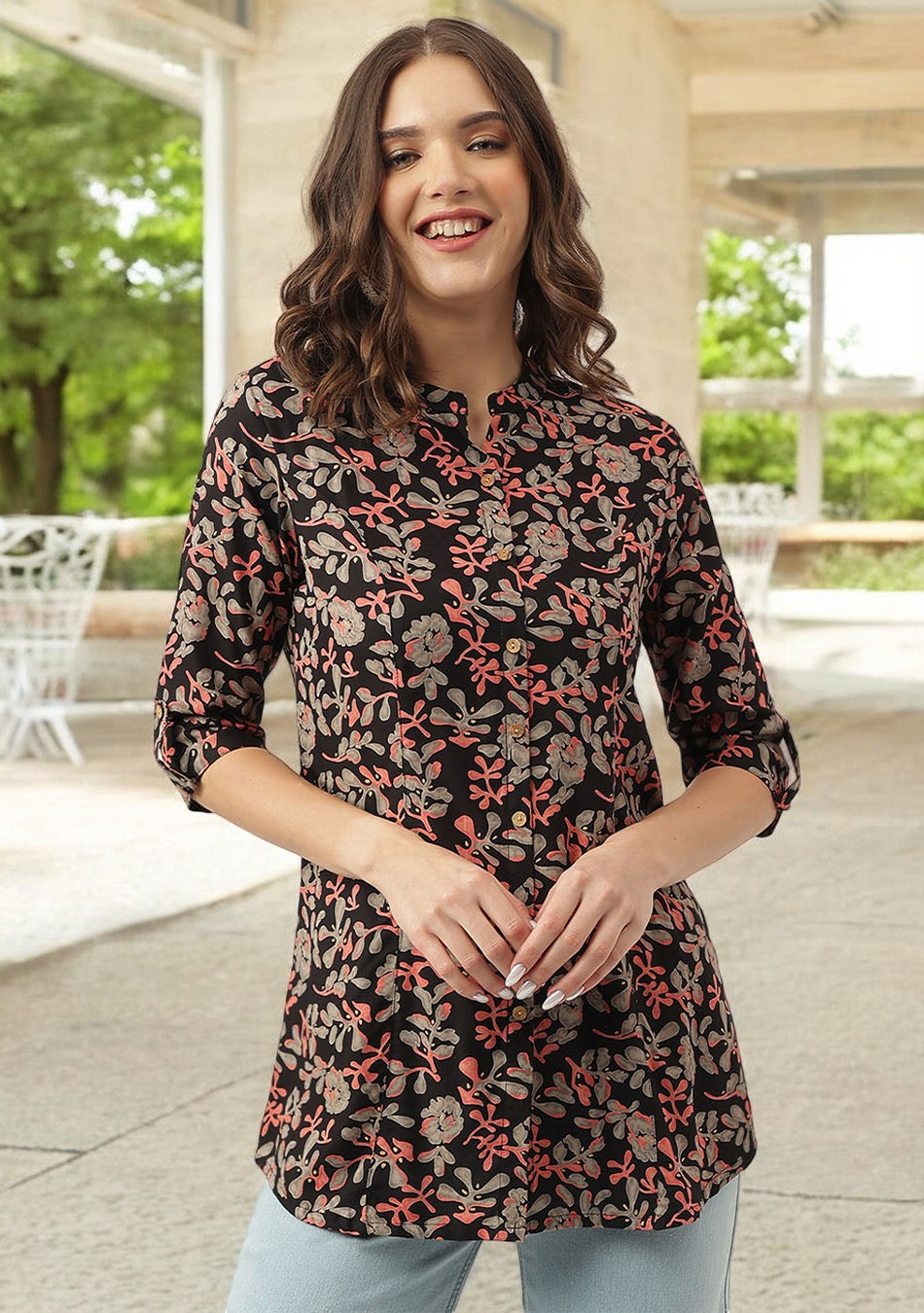 Black Floral Printed Rayon Shirt Style Top
