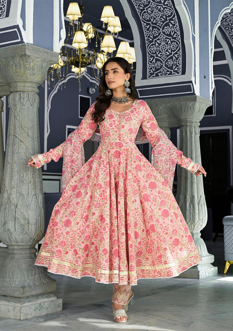 Pink Floral Hand Block Printed Anarkali Kurta Trouser with Dupatta Set
