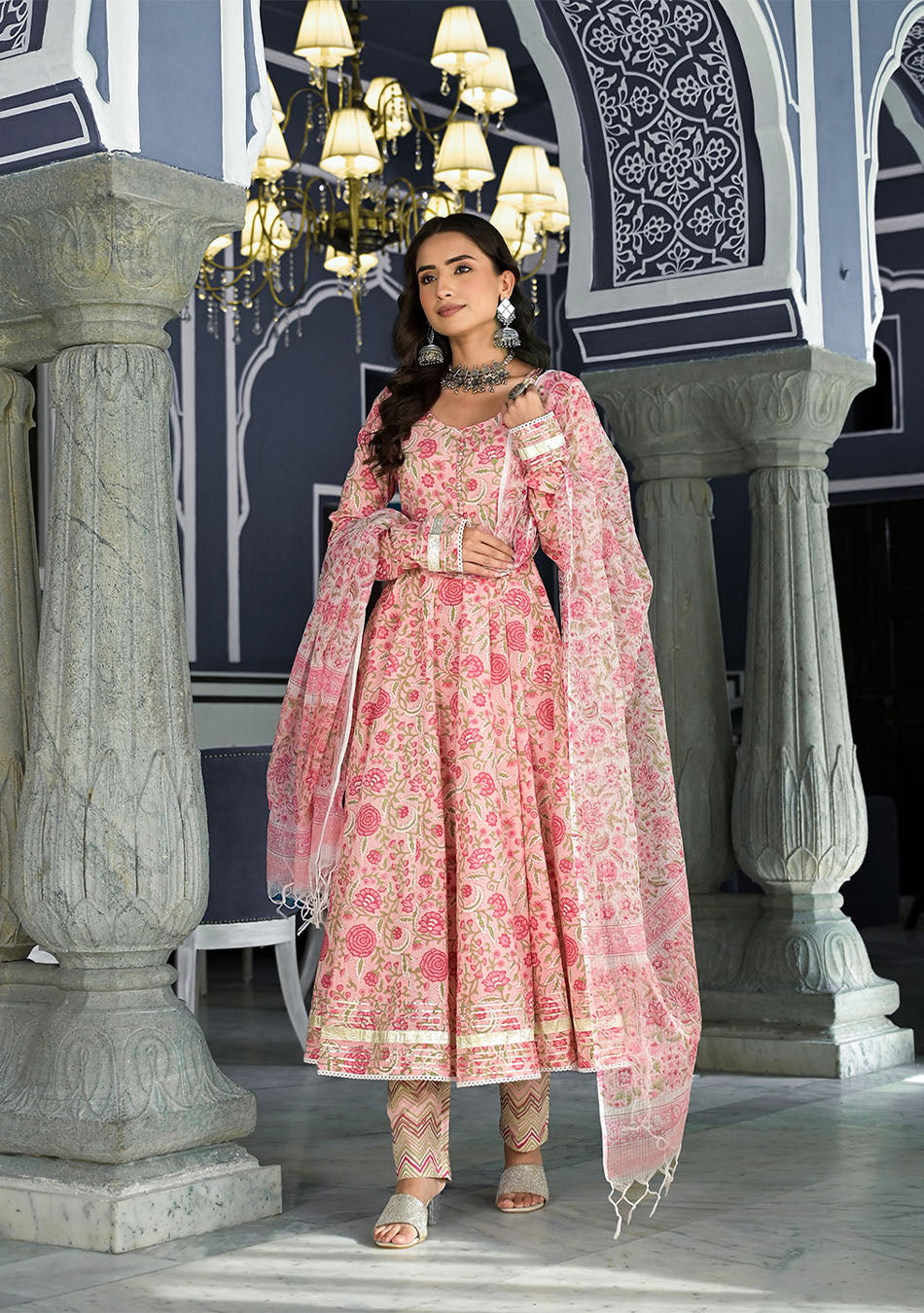 Pink Floral Hand Block Printed Anarkali Kurta Trouser with Dupatta Set