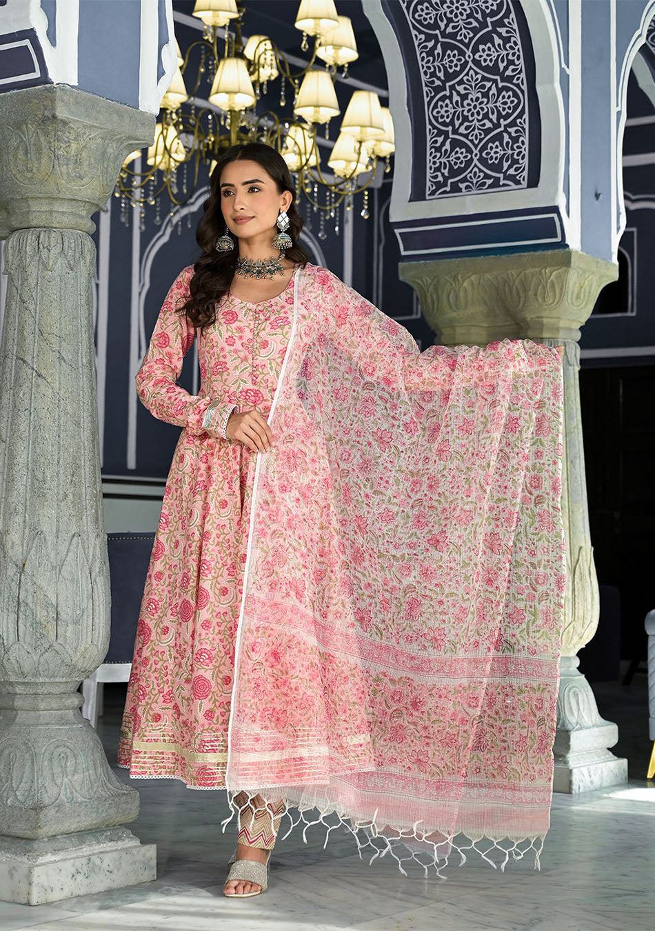 Pink Floral Hand Block Printed Anarkali Kurta Trouser with Dupatta Set