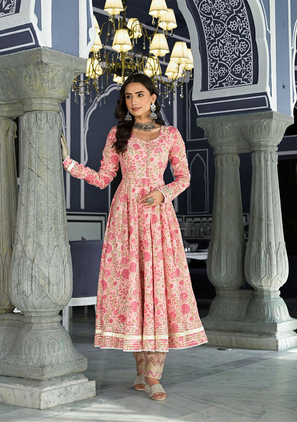 Pink Floral Hand Block Printed Anarkali Kurta Trouser with Dupatta Set
