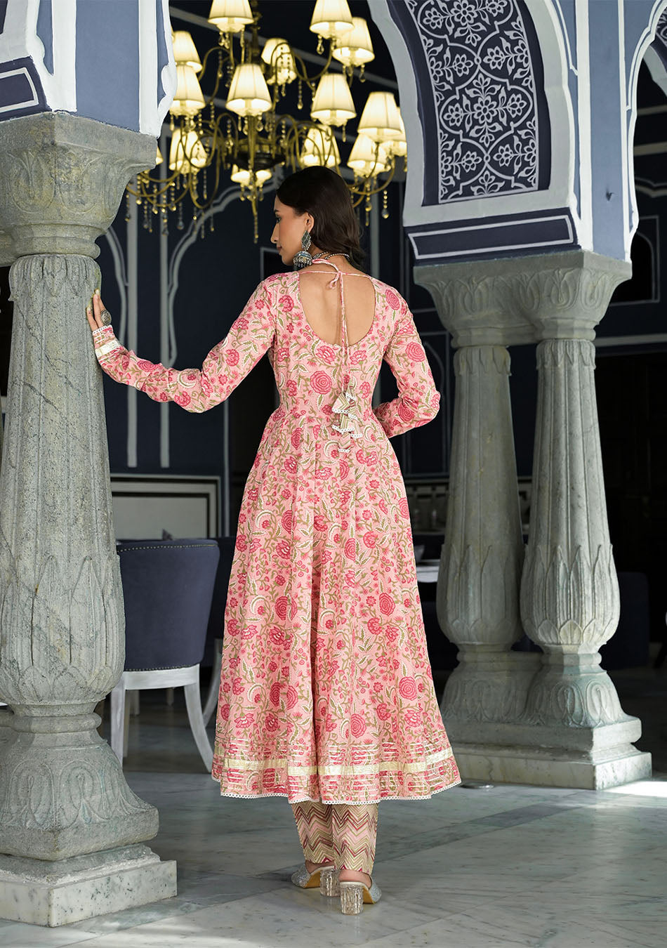 Pink Floral Hand Block Printed Anarkali Kurta Trouser with Dupatta Set