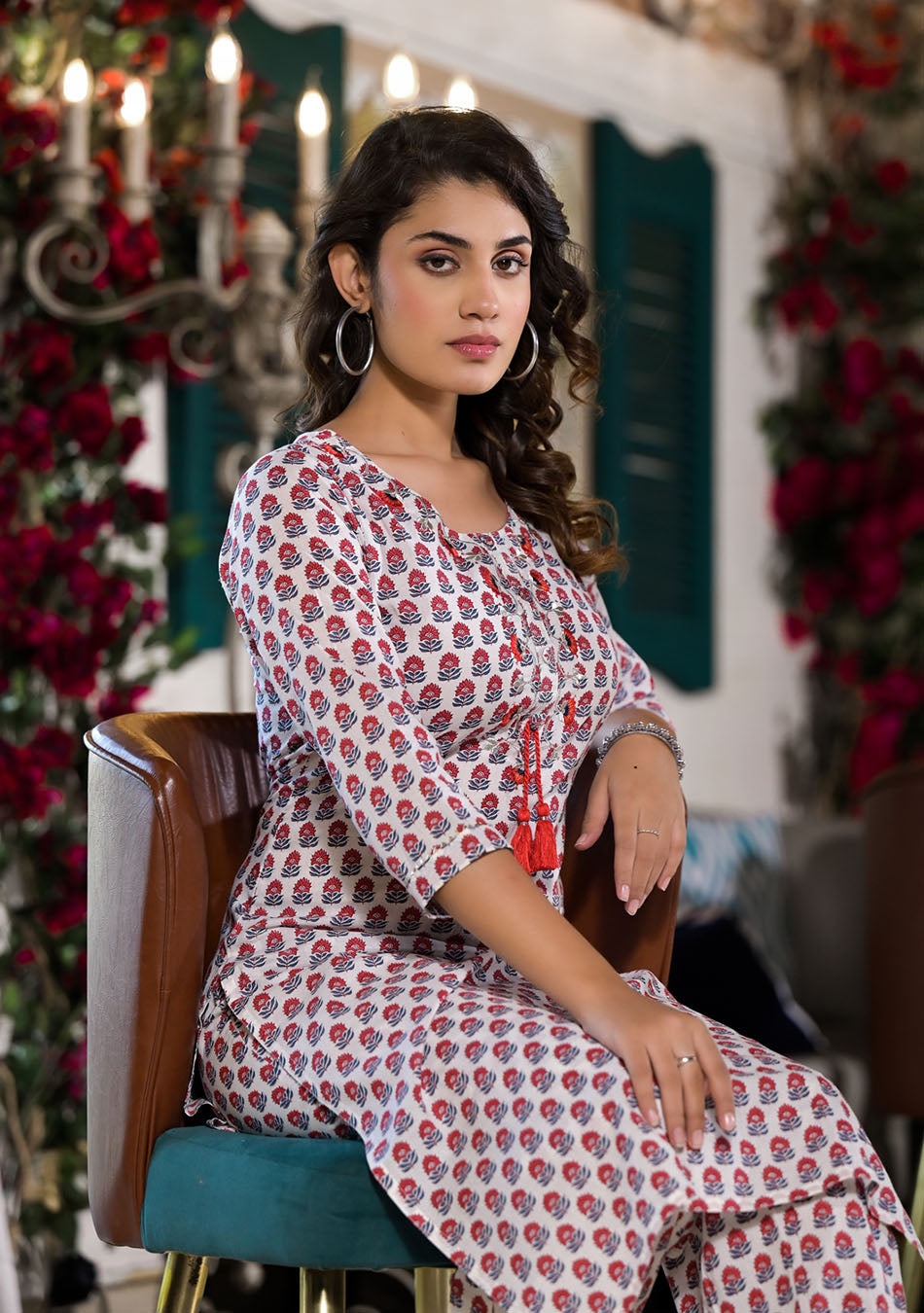 White & Red Floral Printed Cotton Kurta with Trouser