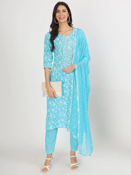 turquoise blue Floral Print Cotton Kurta pants with Dupatta set for women