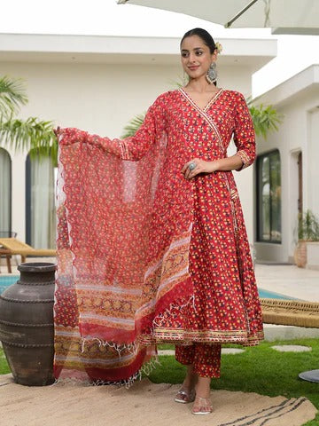 Red Floral Printed Round Neck Pure Cotton Anarkali Kurta With Trousers & Dupatta