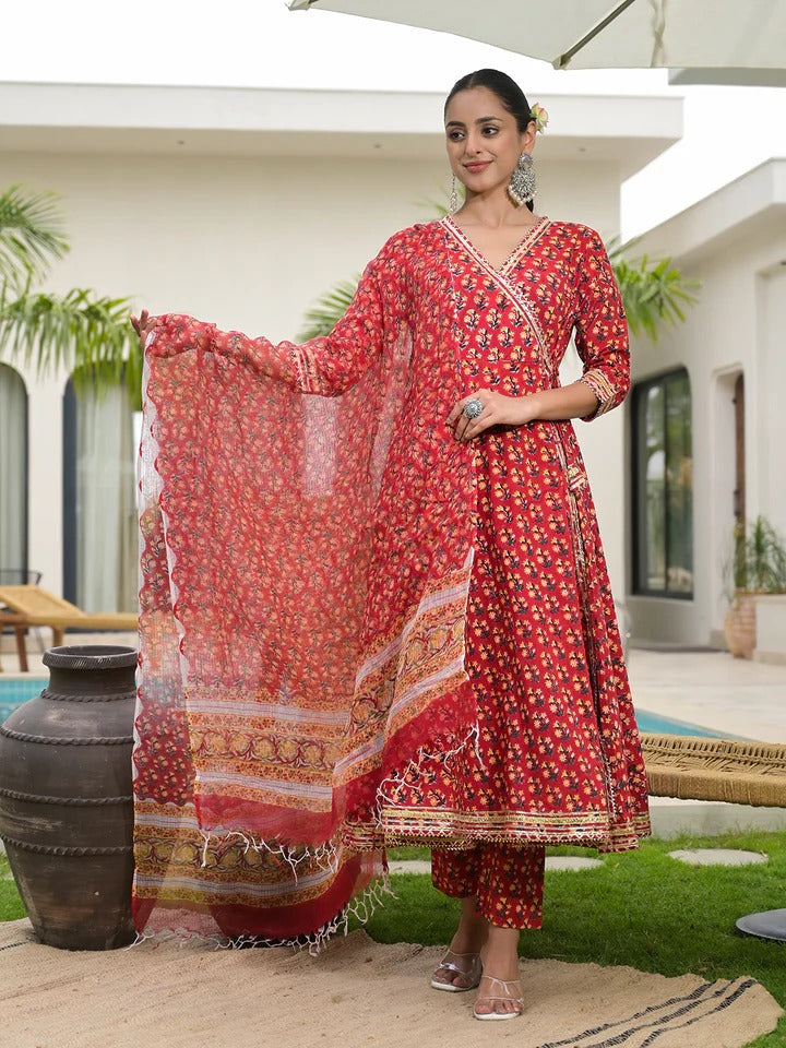 Red Floral Printed Round Neck Pure Cotton Anarkali Kurta With Trousers & Dupatta
