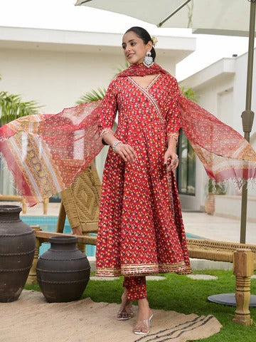 Red Floral Printed Round Neck Pure Cotton Anarkali Kurta With Trousers & Dupatta