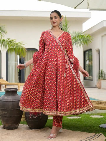 Red Floral Printed Round Neck Pure Cotton Anarkali Kurta With Trousers & Dupatta