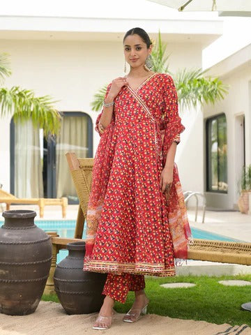 Red Floral Printed Round Neck Pure Cotton Anarkali Kurta With Trousers & Dupatta