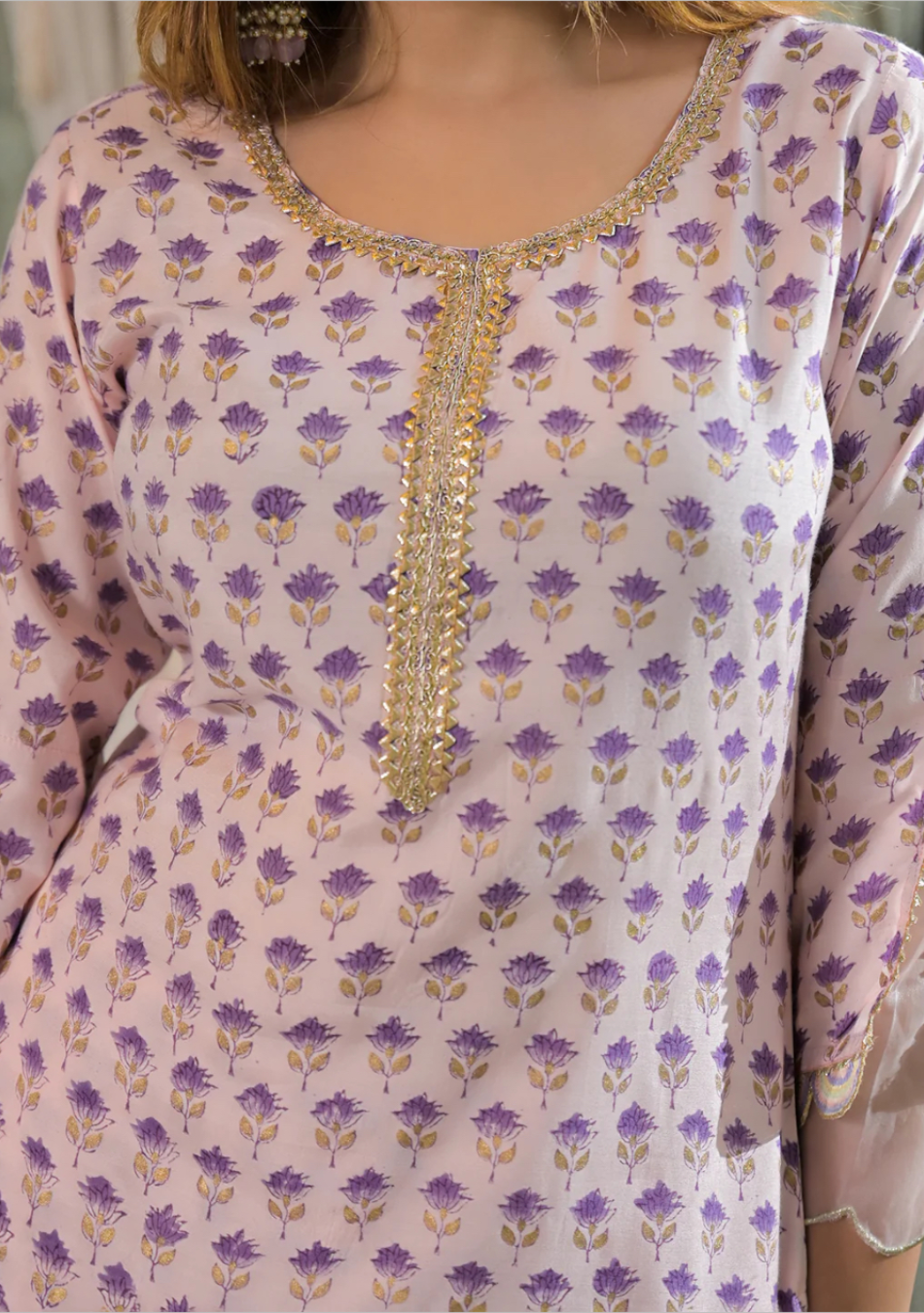 Purple Hand Block Muslin Straight Kurta Pant With Dupatta
