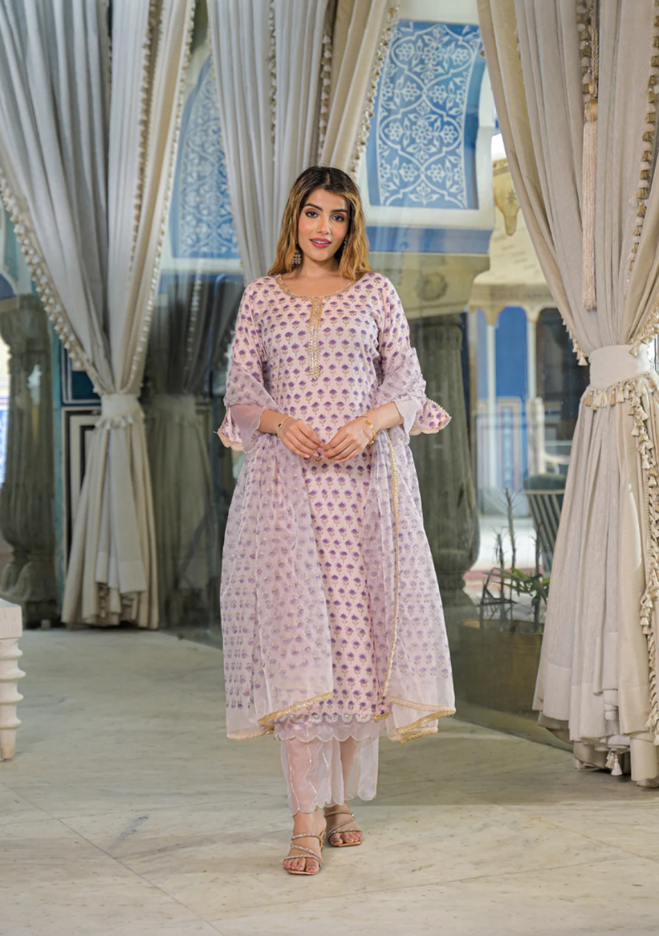 Purple Hand Block Muslin Straight Kurta Pant With Dupatta