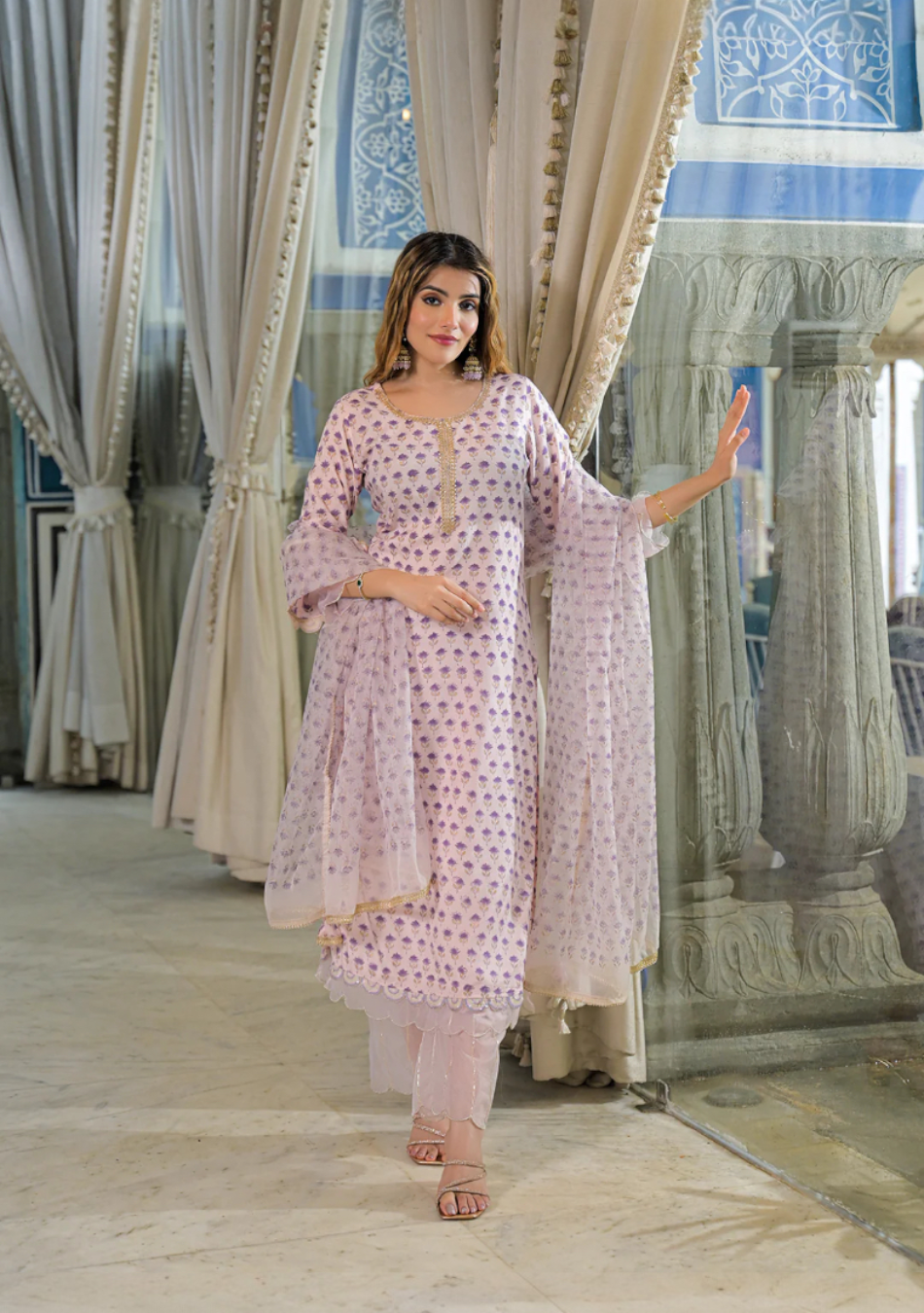 Purple Hand Block Muslin Straight Kurta Pant With Dupatta