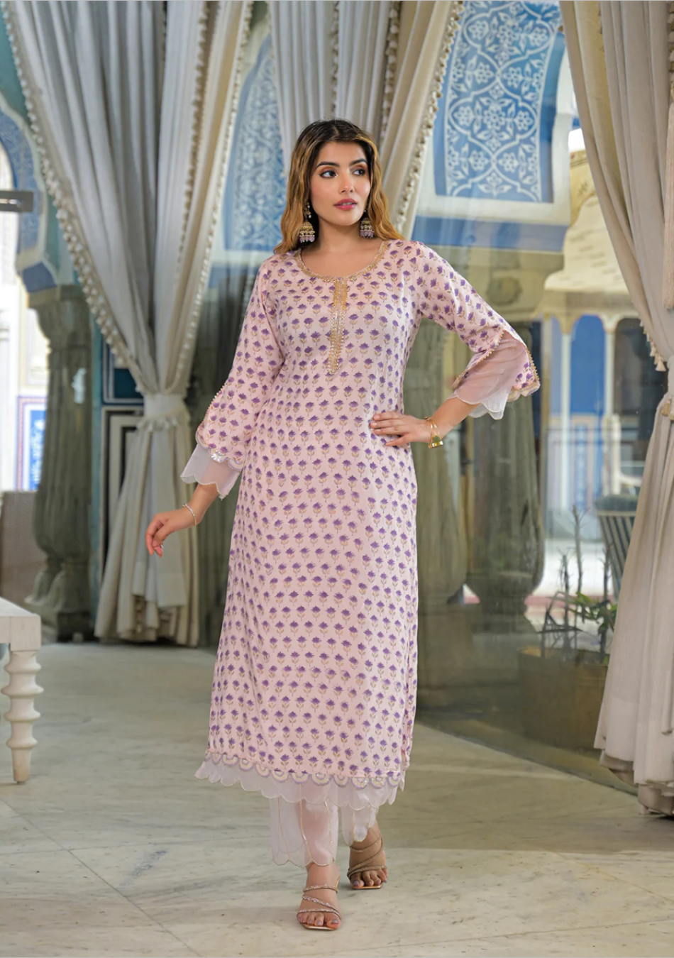 Purple Hand Block Muslin Straight Kurta Pant With Dupatta