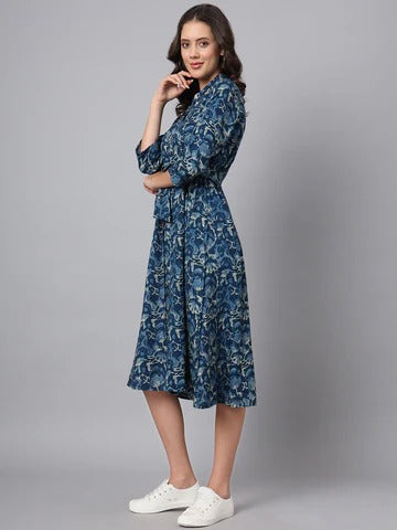 Blue Floral Print Rayon Midi Dress