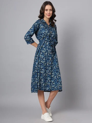 Blue Floral Print Rayon Midi Dress