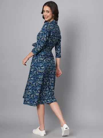 Blue Floral Print Rayon Midi Dress