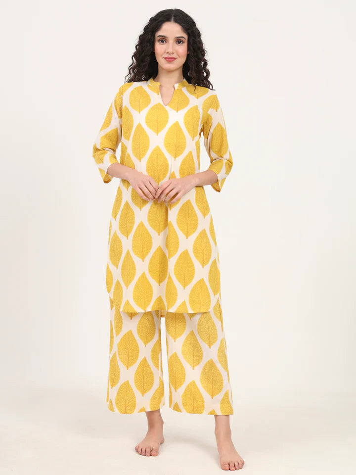 Cream Kurti with Pyjamas Night Suit Sets