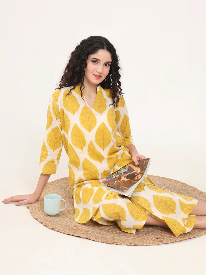 Cream Kurti with Pyjamas Night Suit Sets
