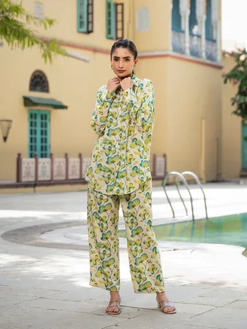 Green Floral Printed Rayon Co-ord Set for Women