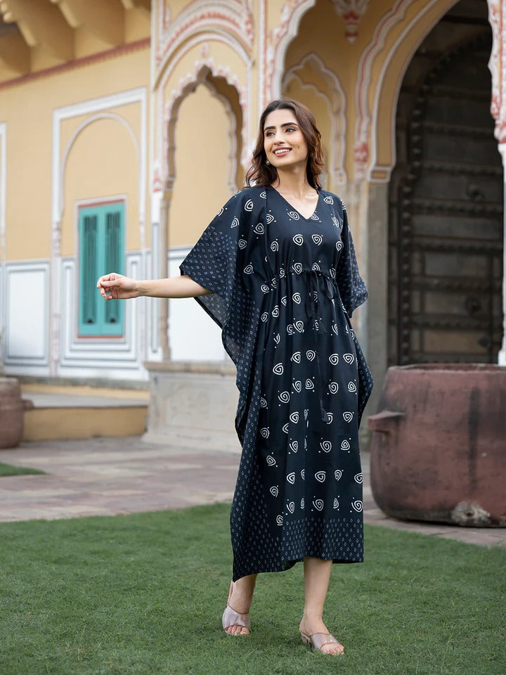 Black Floral Print Kaftan