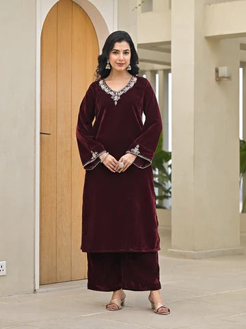 Embroidered Maroon Velvet Kurta Pant Dupatta Set for Women