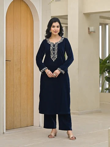 Embroidered Blue Velvet Kurta Pant Dupatta Set for Women