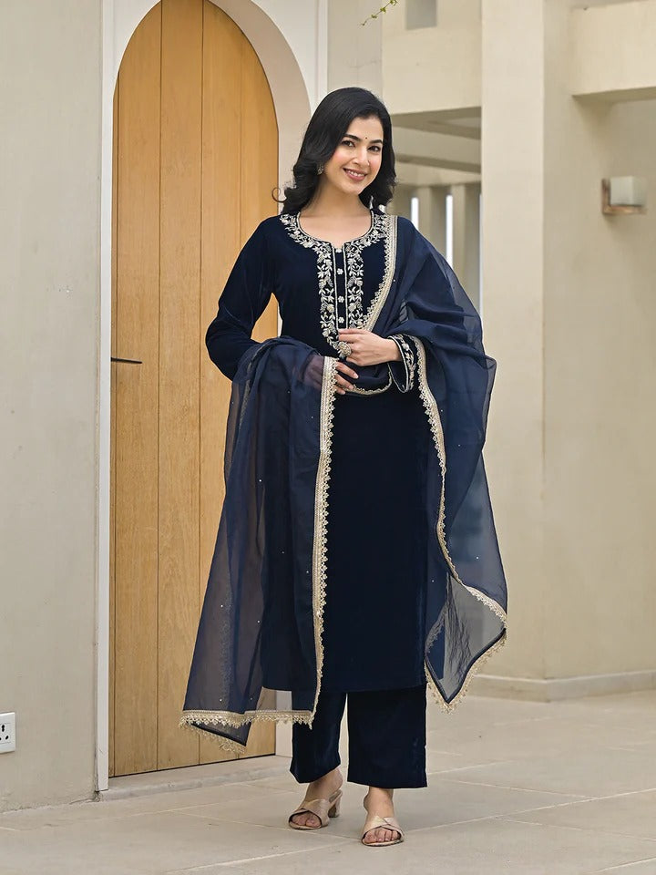 Embroidered Blue Velvet Kurta Pant Dupatta Set for Women